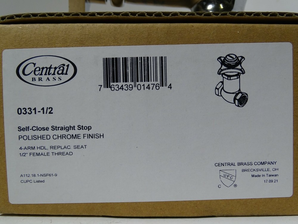 Central Brass Self-Close Straight Stop 1/2" Thread, 0331-1/2