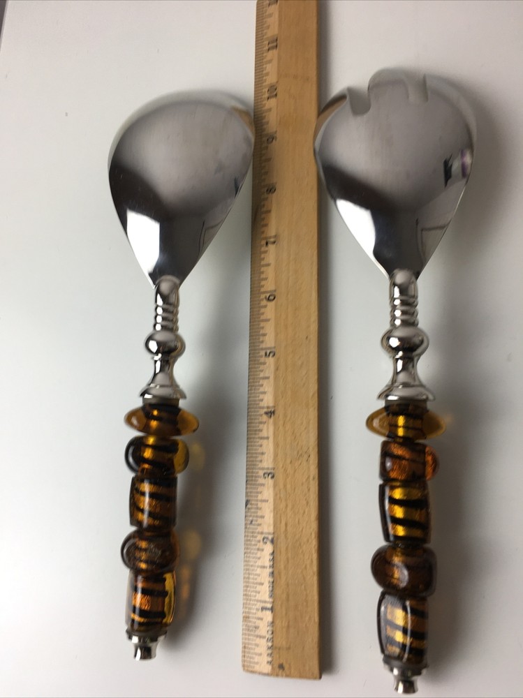 Decorative Amber Stones with Black Stripe Silver Serving Salad Spoon And Fork