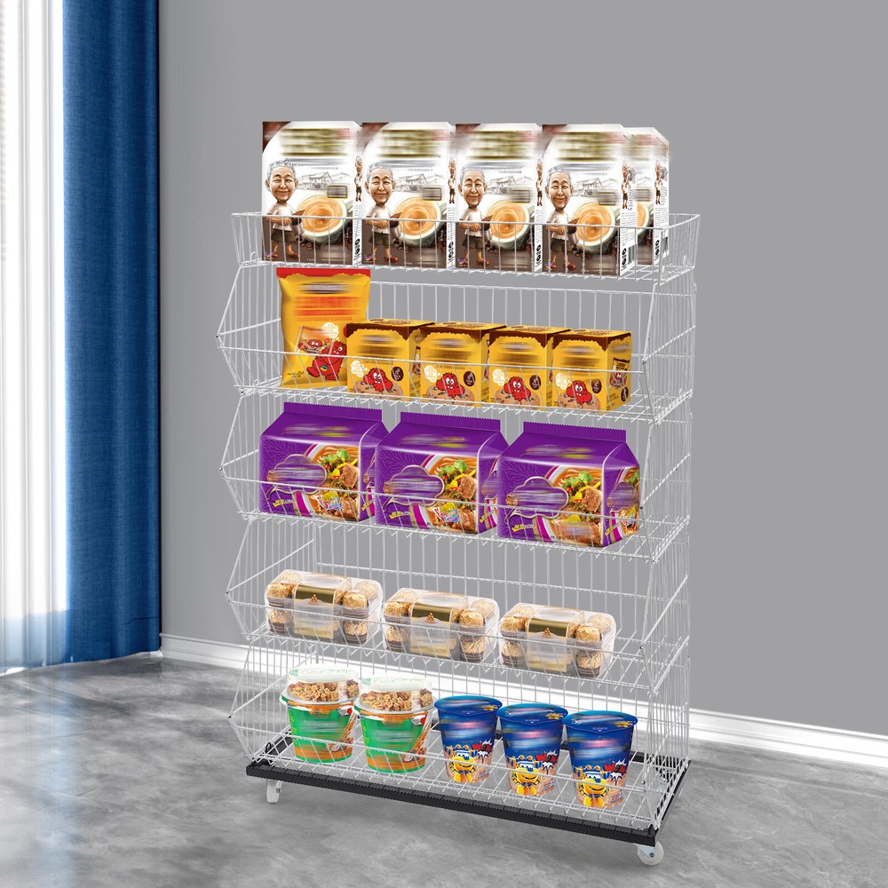 5 Tier Wire Grid Retail Display Shelf Merchandise Display Rack Stand W/ Wheels