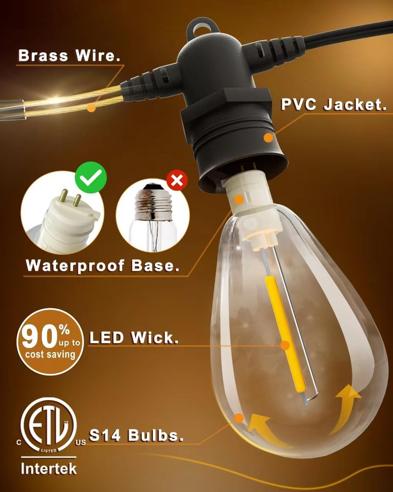 60FT LED Outdoor String Lights with 16+1 Edison Shatterproof IP65 Waterproof Bul