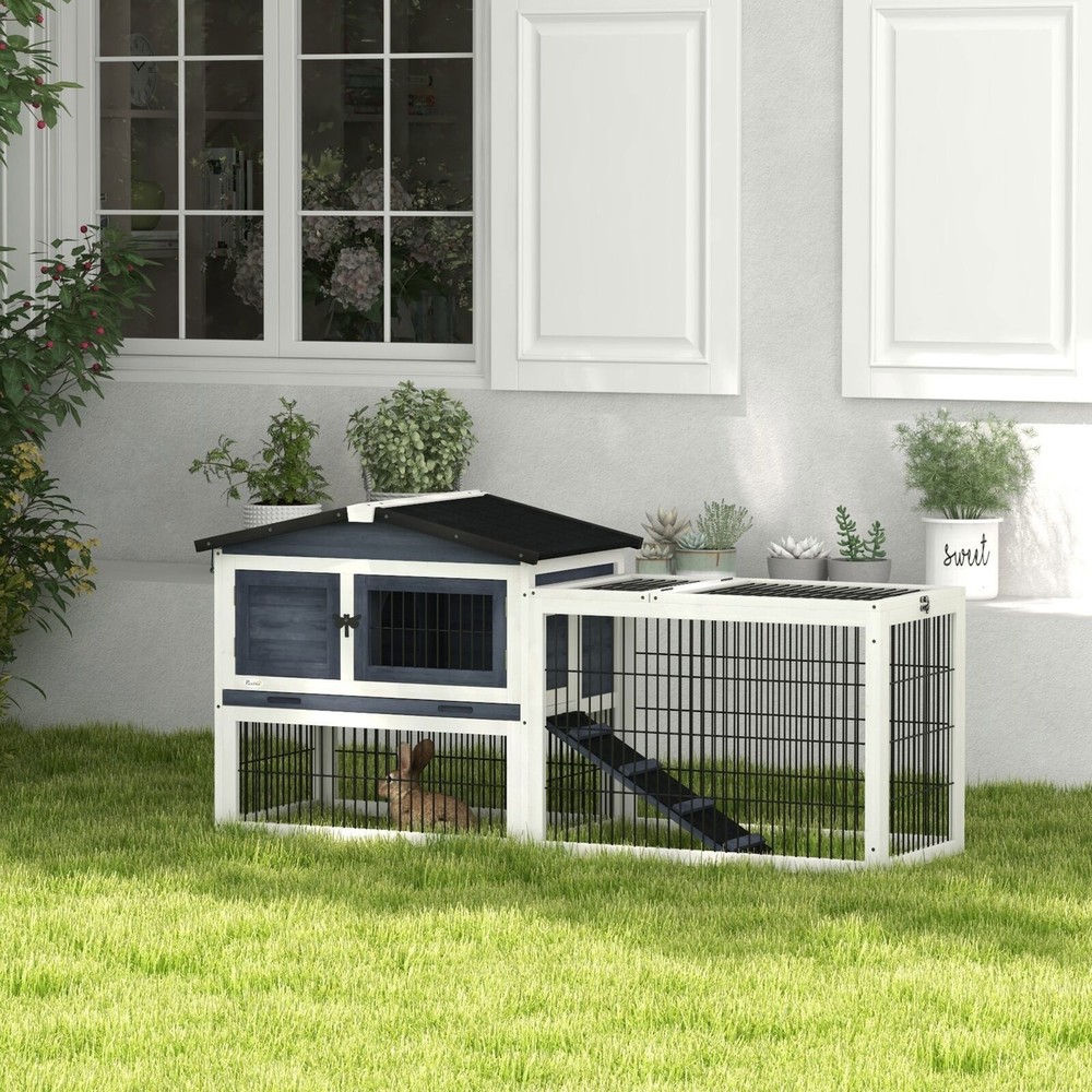 2 Level 59" Outdoor Rabbit Hutch with Openable Top Dark Gray