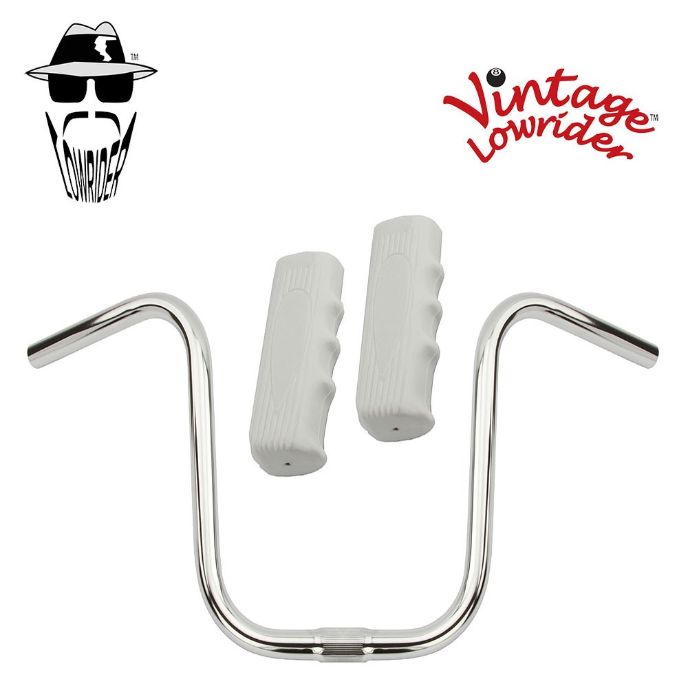 Original Lowrider 11" 25.4 U Handlebar Chrome Custom 120mm Grips Solid/White