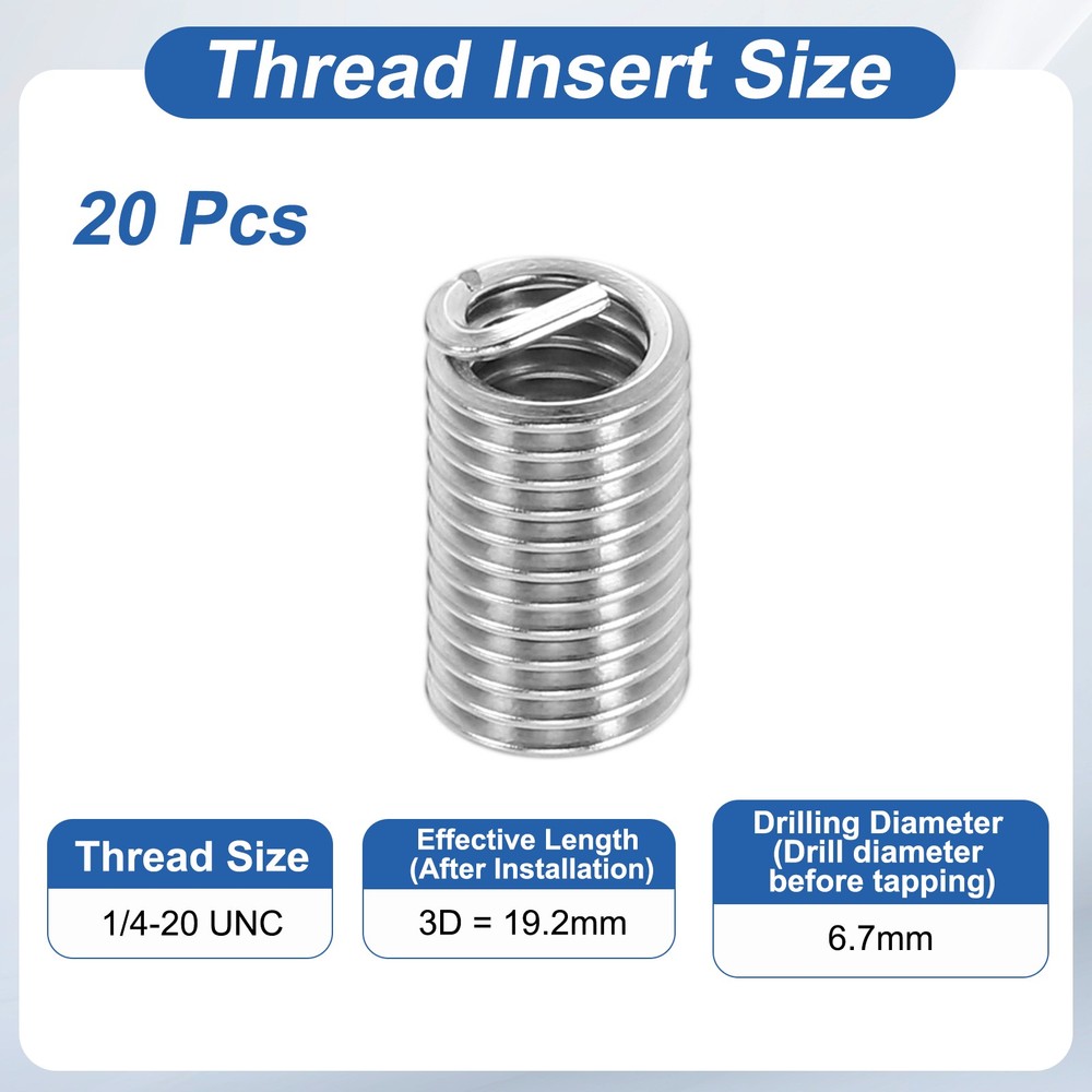 20pcs Wire Thread Inserts 1/4-20 UNC 3D 19.2mm Helical Threaded Sleeve