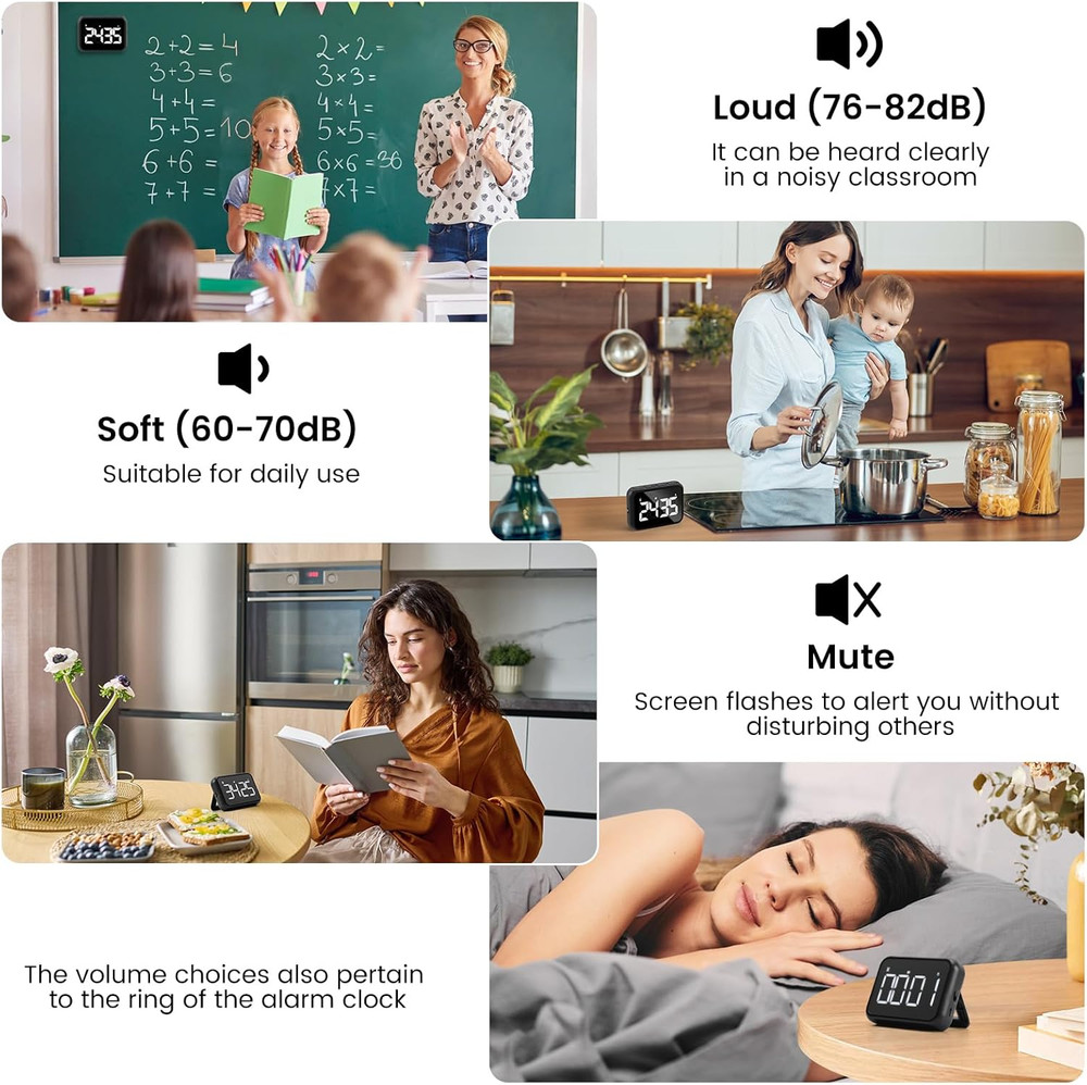 USB Rechargeable Digital Kitchen Timer with Large LCD Display, Black