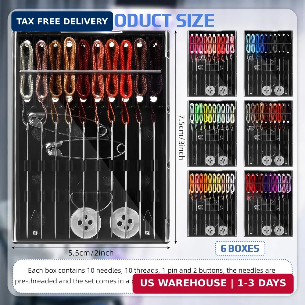 6 Boxes (60 Pcs) Pre Threaded Needle Kit Assorted Color (Mixed Color)