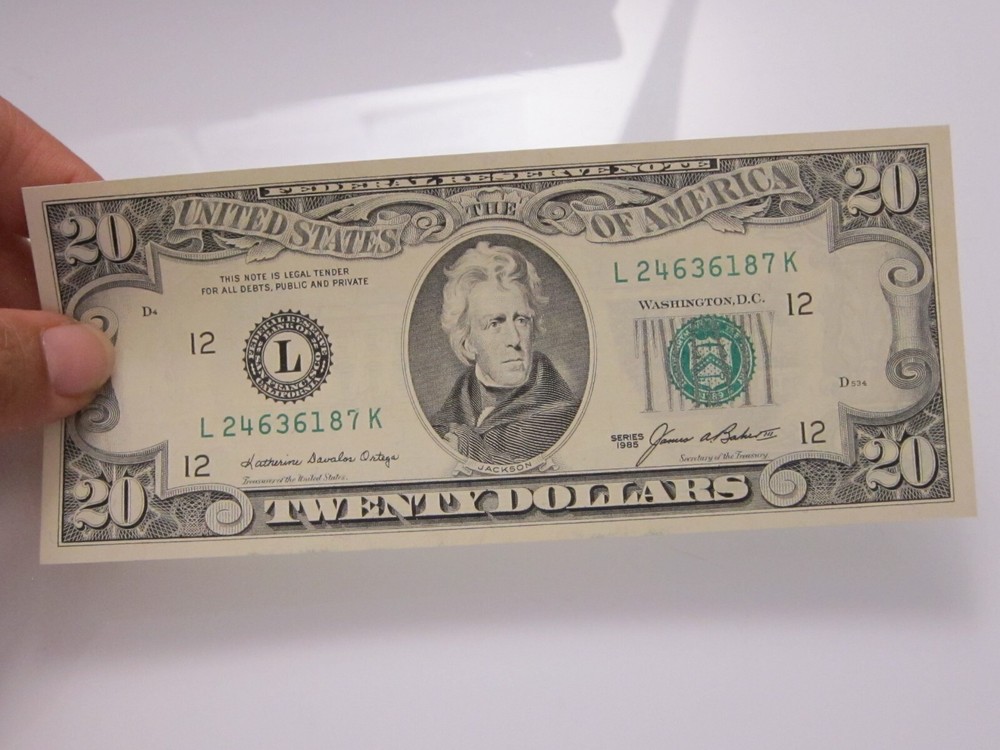 1985 $20 Printing Error on Back #L24636187K