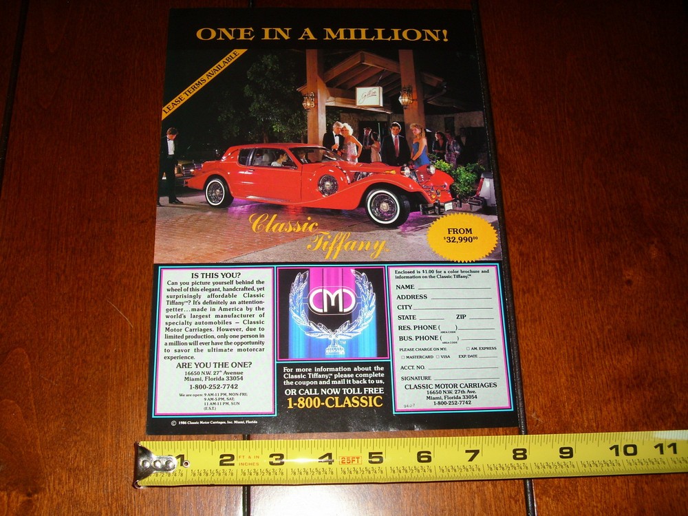 TIFFANY NEO CLASSIC CAR  ORIGINAL 1986 AD
