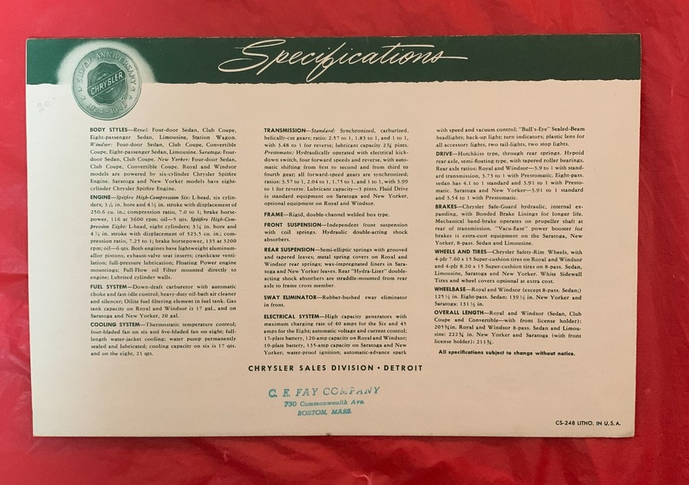 1949 Chrysler "SILVER ANNIVERSARY MODELS" - Original Car Brochure / Catalog