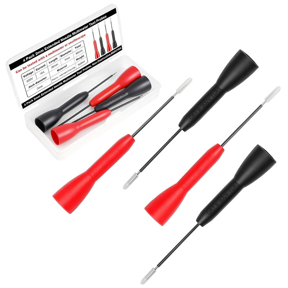4 Pack 2Mm Extended Needle Test Probes, 600V 10A Insulation Piercing Probe Tips,