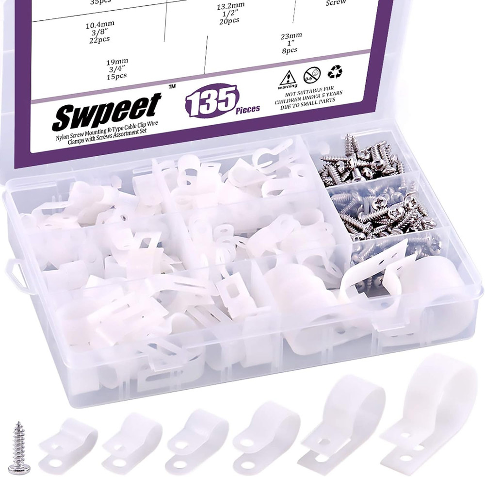 135 Pack 6 Sizes White Nylon Plastic R-Type Cable Clips Clamp Assortment Kit, 1/
