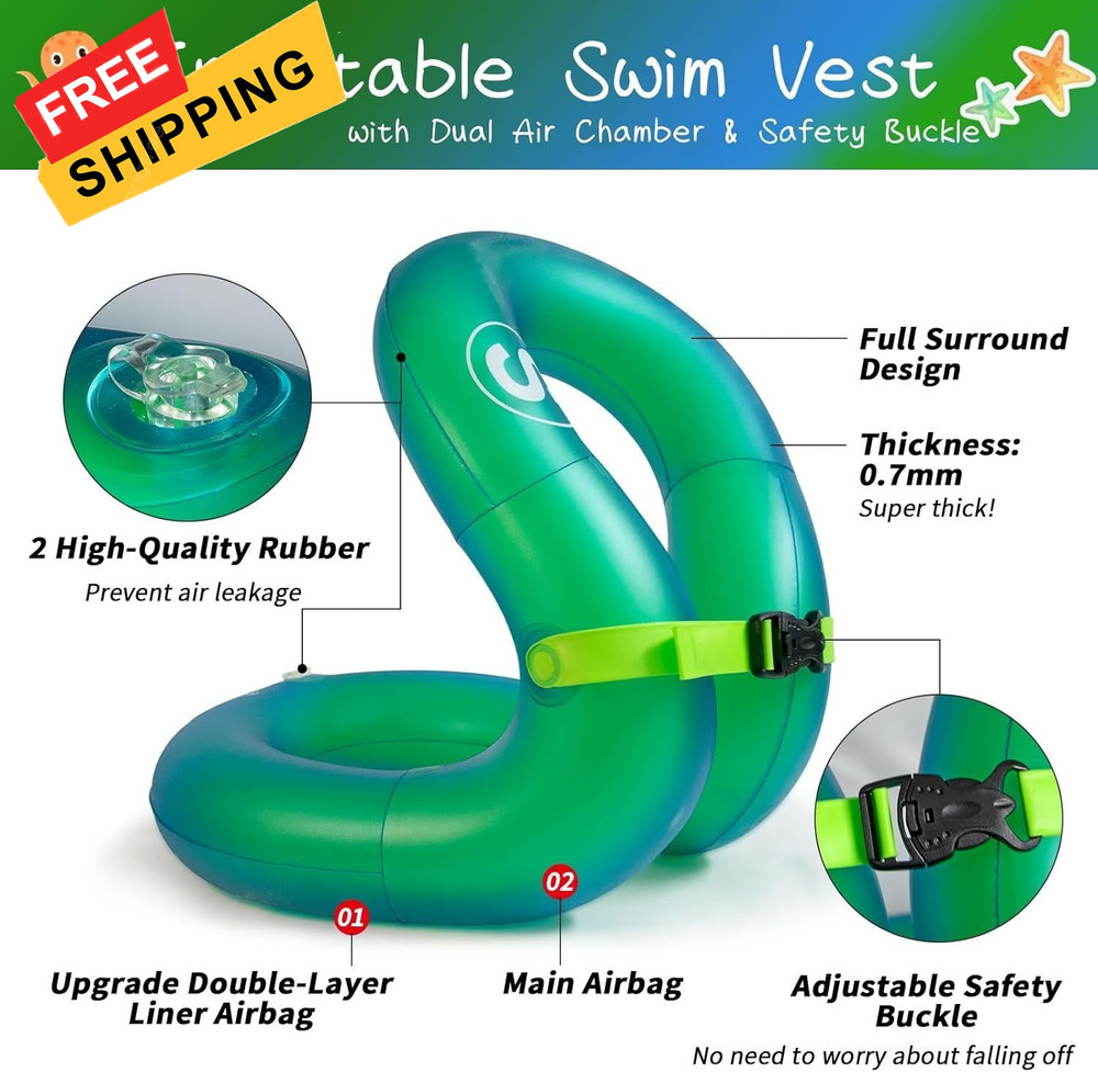 Swim Vest, Inflatable Jacket, Pool Floaties, Lightweight Small, Green-S