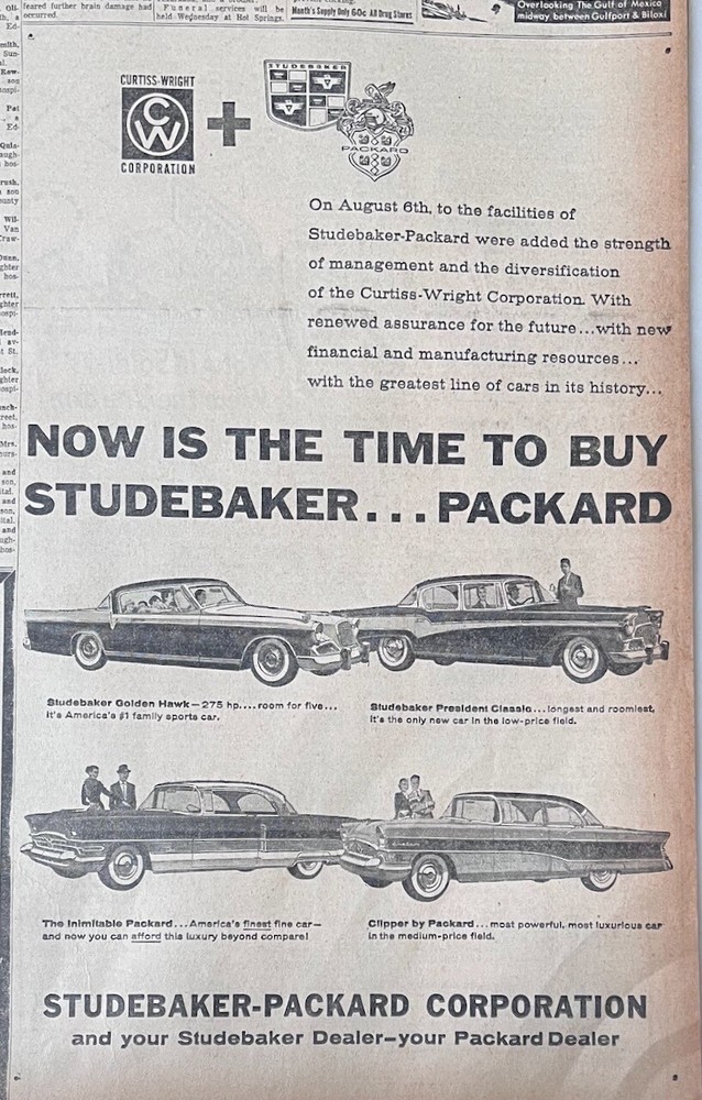 1956 newspaper ad for Studebaker Packard - Golden Hawk, President Class, Clipper
