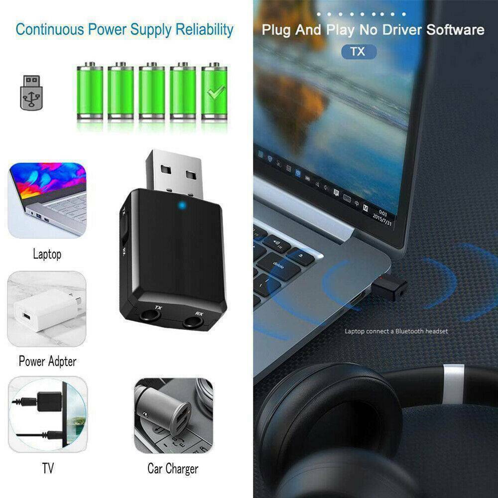 3in1 Bluetooth 5.0 USB Audio Transmitter Receiver Adapter Wireless for Car TV PC