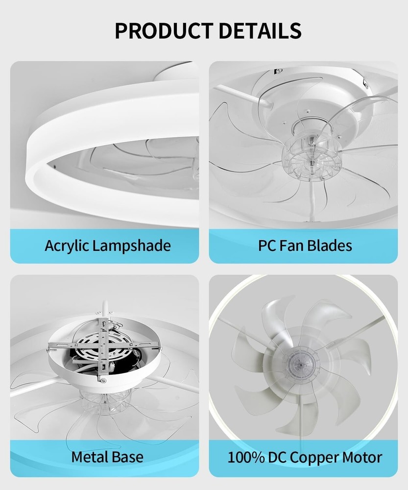 20" Modern Flush Mount LED Ceiling Fan Light Kit Dimmable Lamp with Remote & APP