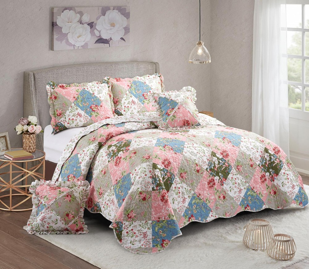 Multi Flowers Ruffle Pillowshams, Quilted Patchwork Decorative Pillow Covers ...