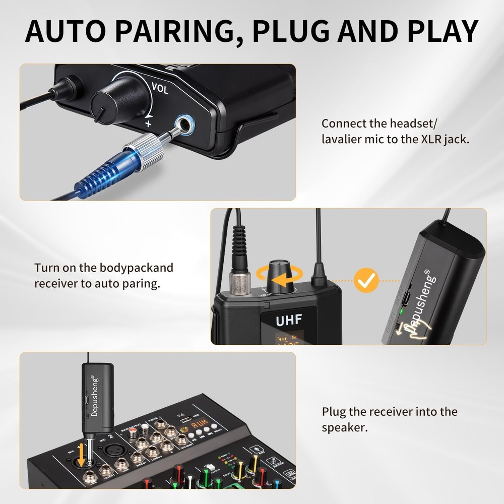 UHF Wireless Microphone Headset System -Wireless Headset Mic System, with Lav...