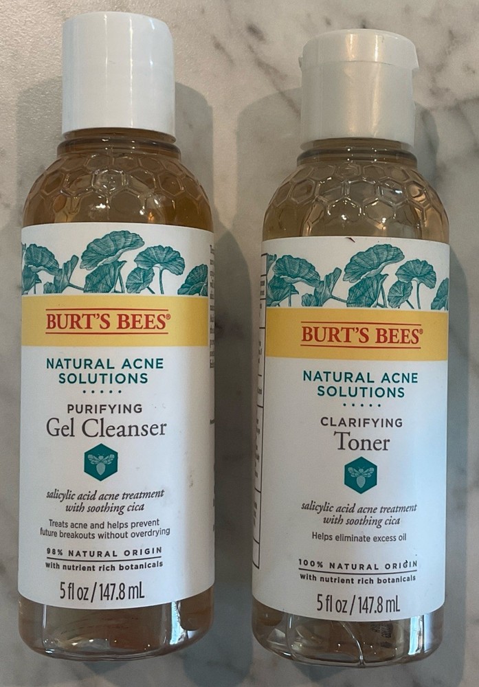 2 Pack Burt's Bees Natural Acne Solution Purifying Gel Cleanser+Clarifying Toner