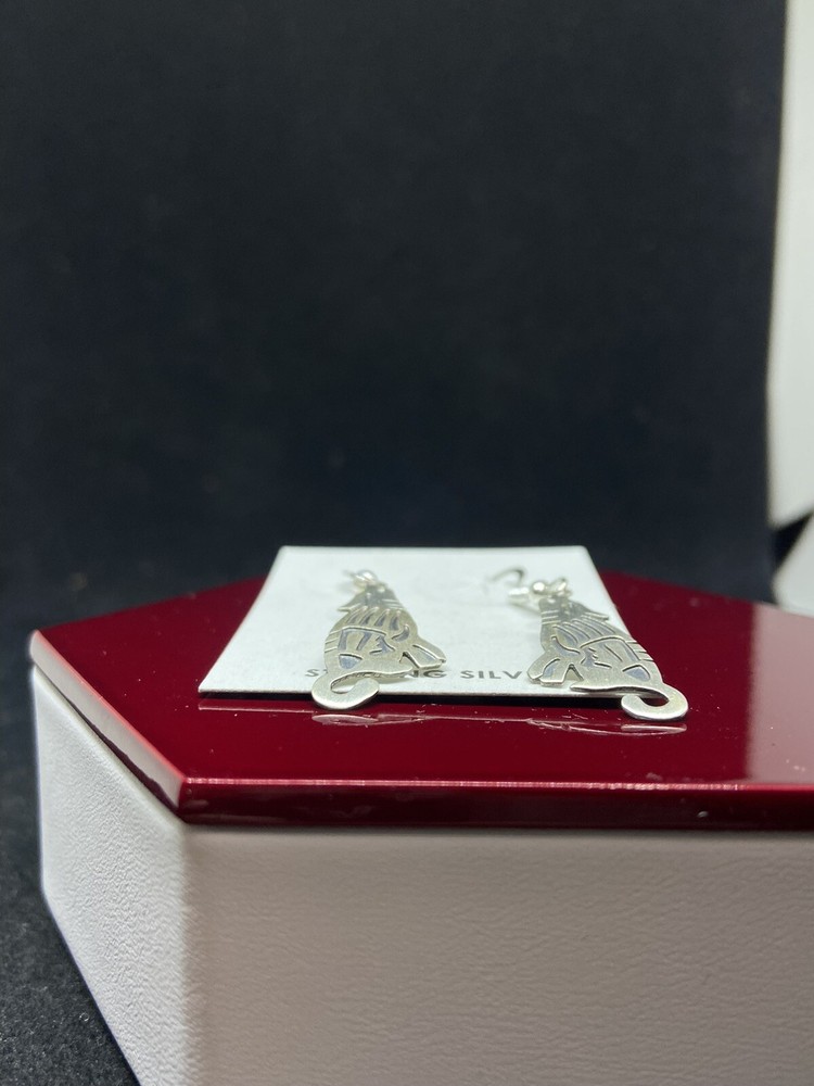 Handmade Native American Navajo plain sterling silver wolf dangle earrings
