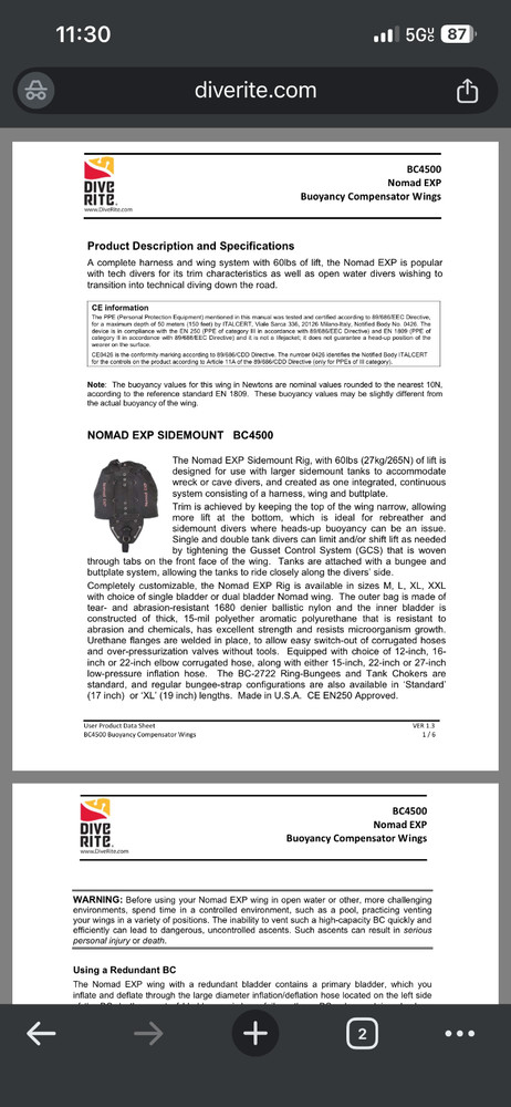 DiveRite Nomad EXP Sidemount BCD XL