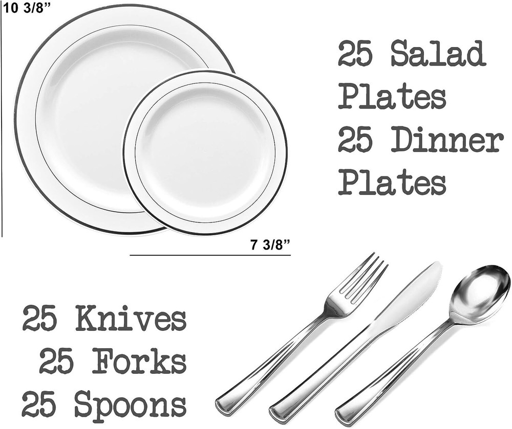 125 Pack Classy Disposable Plates with Plastic Silverware, Set Includes 25 Each