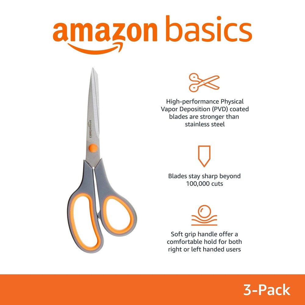 Amazon Basics Multipurpose Stainless Steel Scissors for 3-Pack, Multicolor