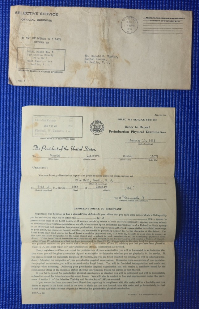 1945 WW2 US Selective Service System order to report preinduction physical