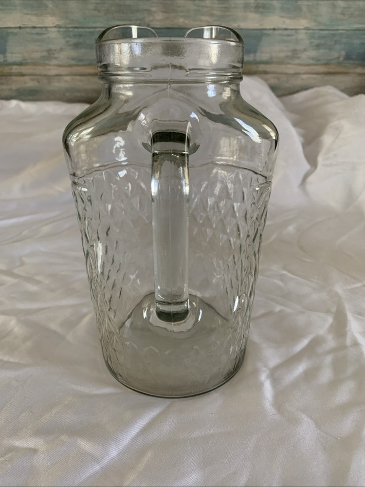 Vintage Refrigerator Juice Pitcher Diamond Pattern Glass 9 Inch Marked 14