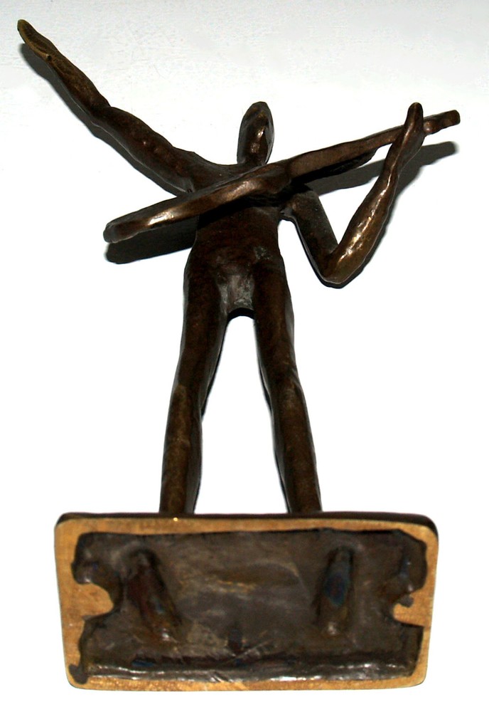 Solid Brass Brutalist Saluting Guitar Player Sculpture Figurine 10.5in