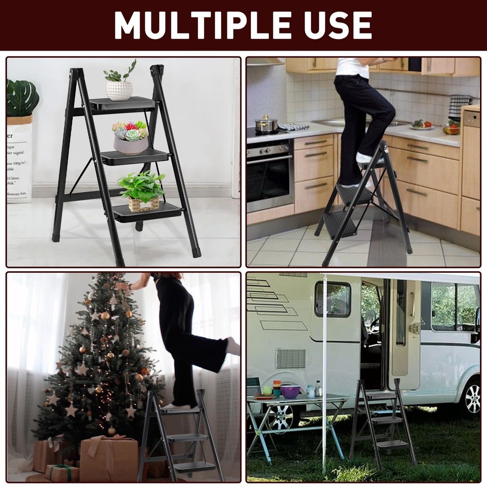 3-Step Ladder, Folding Step Stool for Kitchen/Closet/Garage, 3-Step, Black