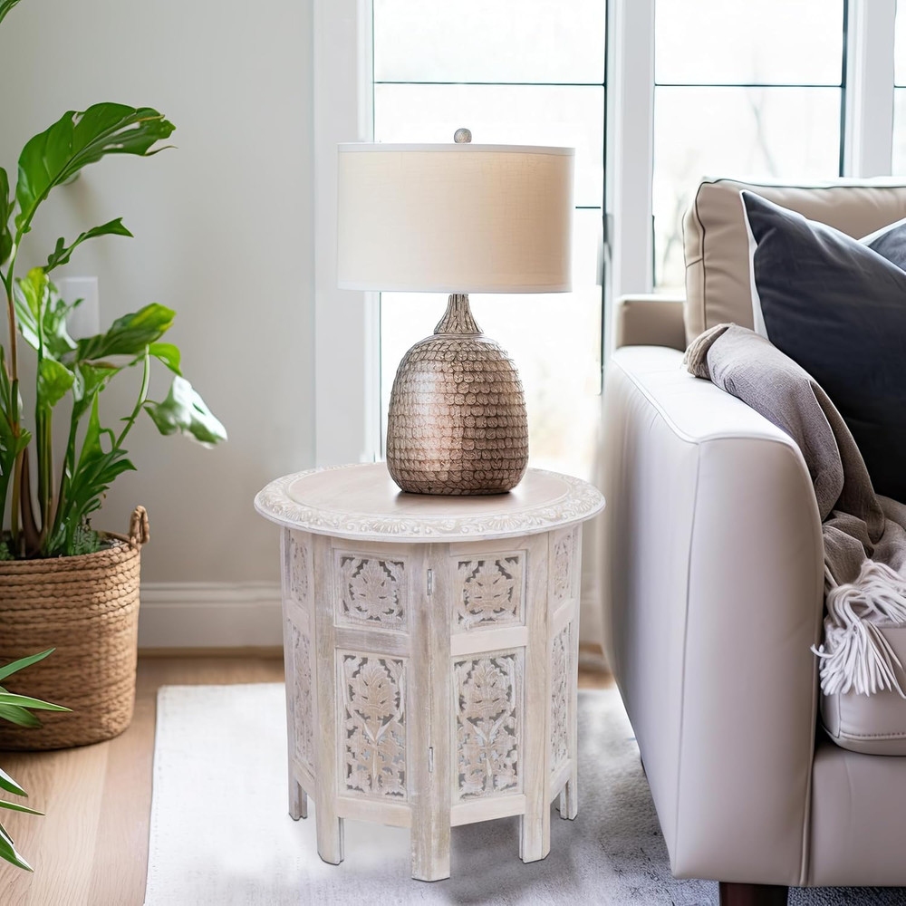 Solid Wood End Table - Hand Carved Vintage Boho Folding Accent Side Table - S...
