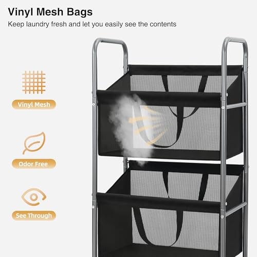 3-Tier Vertical Rolling Laundry Hamper with Removable Bags, 120L Black Mesh