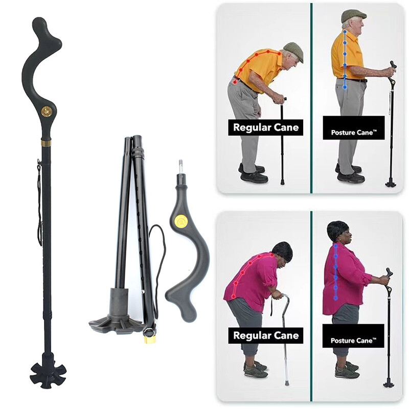Folding Adjustable Walking Stick Cane 4 Head Pivoting Trusty Base Posture Cane
