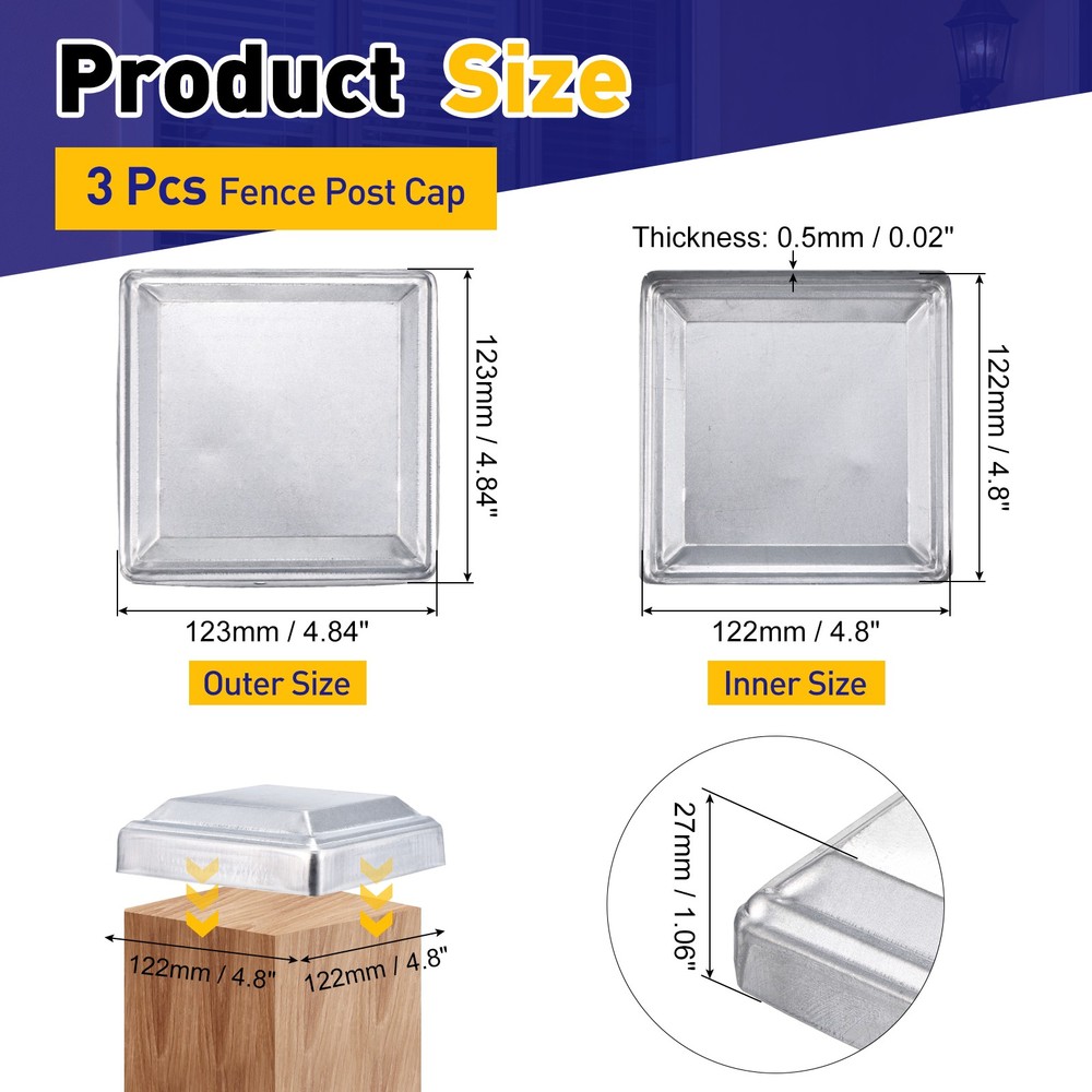 3Pcs Fence Post Cap, Galvanized Deck Post Caps Fit 4.8" x 4.8" Pipe, Silver