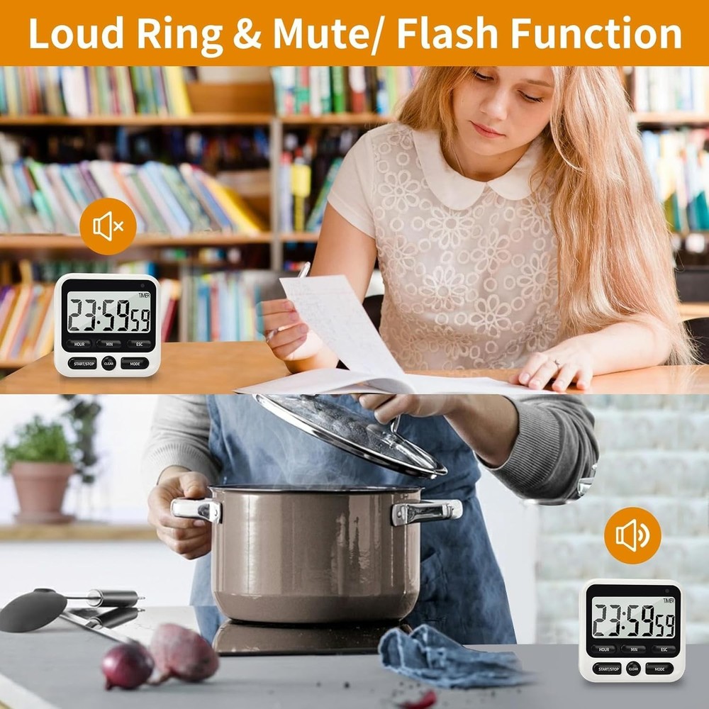Digital Kitchen Timer 24 Hour Clock and Alarm Function with Silent or Alarm Manu