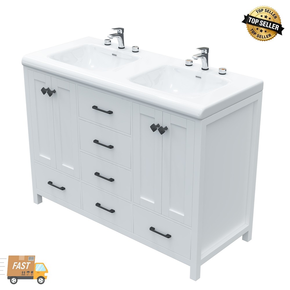 Modern 47.3" Bathroom Vanity Cabinet Double Ceramic Sinks Freestanding Storage