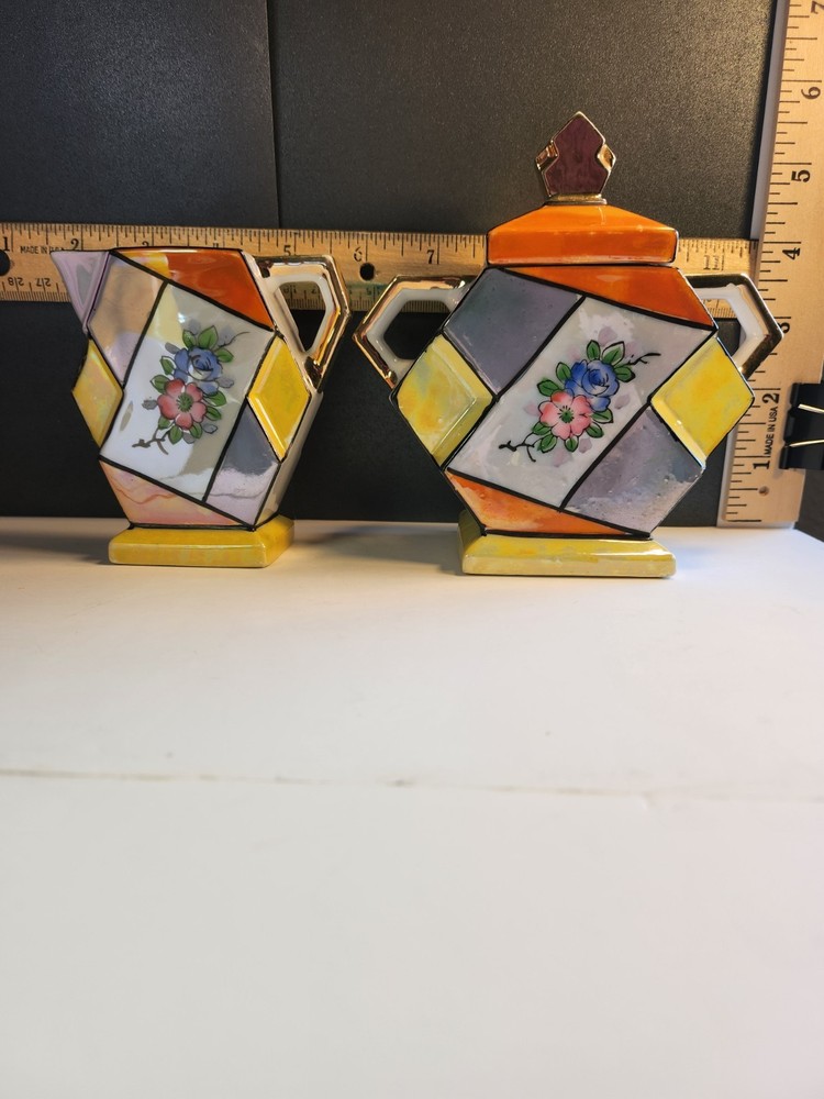 Vintage Art Deco Floral Creamer & Sugar, Nippon, Lusterware