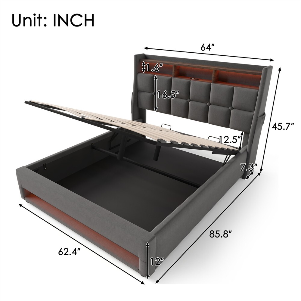 Queen Size LED Bed Frame Upholstered Platform Bed w/ Hydraulic Storage System