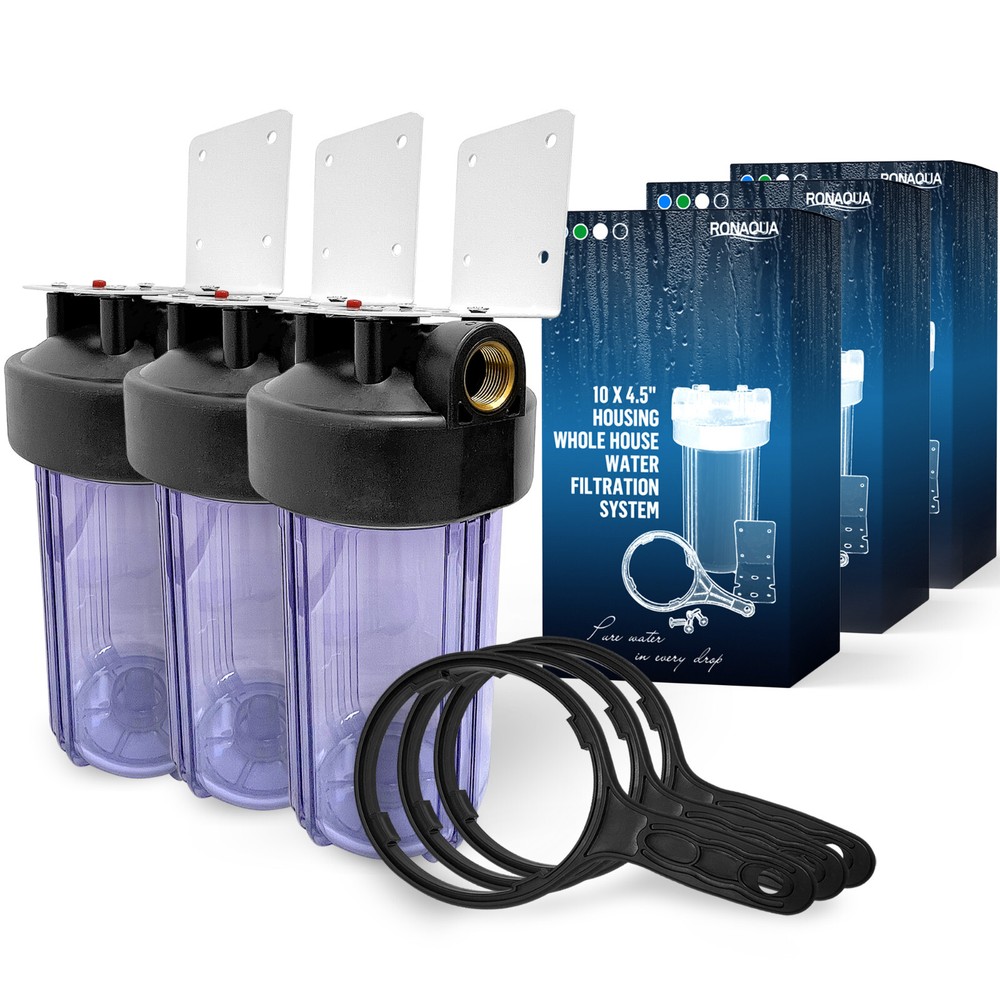 3 Transparent High Capacity 10 x 4.5” Whole House Filter Systems 1” Brass Port