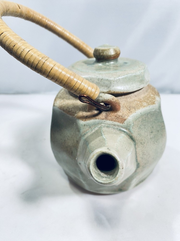 Studio Pottery Celadon Teapot Small Ceramic Rattan Wrapped Handle