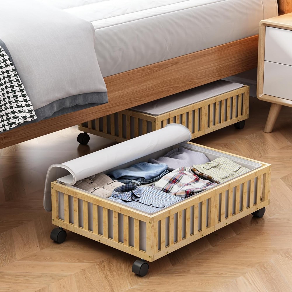 Rolling Under Bed Storage Containers with Wheels 2 Pack Bamboo Shoe Organizer