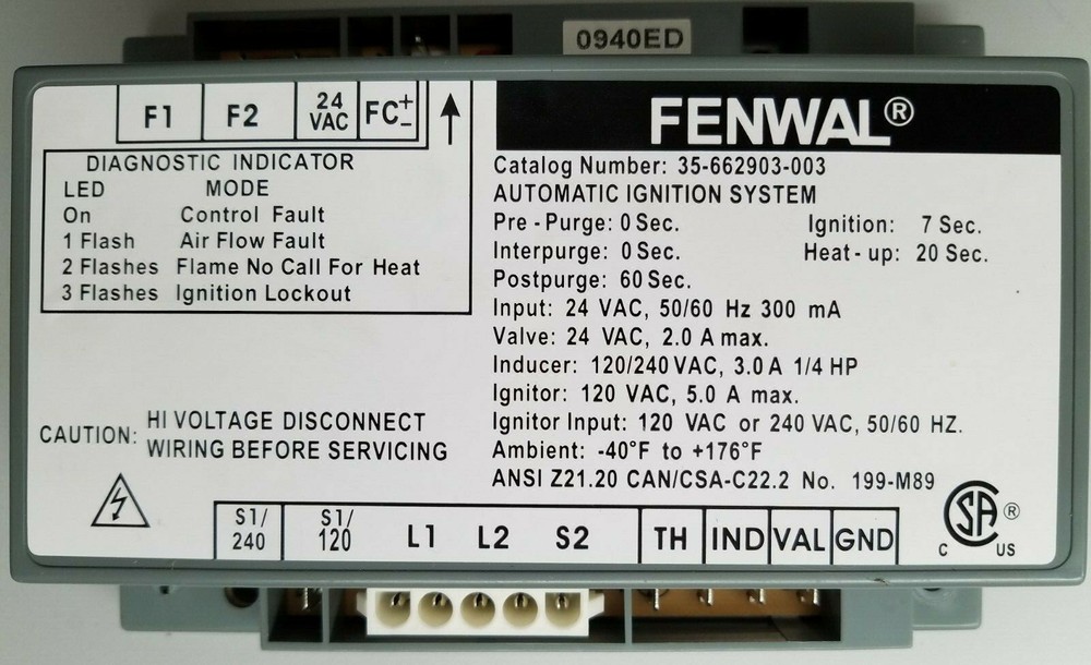 Fenwal 35-662903-003 Automatic Ignition Control, Pre-owned