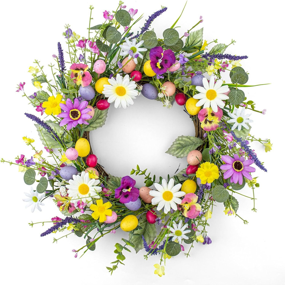 Artificial Easter Wreath 22 Inch Easter Wreaths for Front Door Colorful Egg Wrea