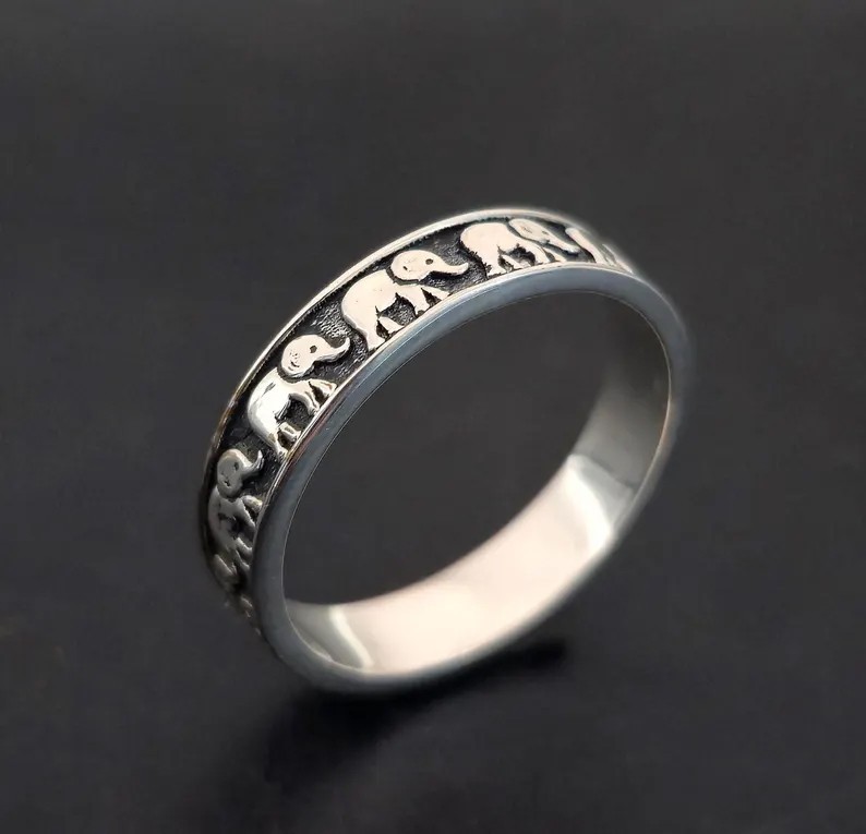 Solid 925 Sterling Silver Elephant Parade Band Lucky Animal Boho Handmade Ring