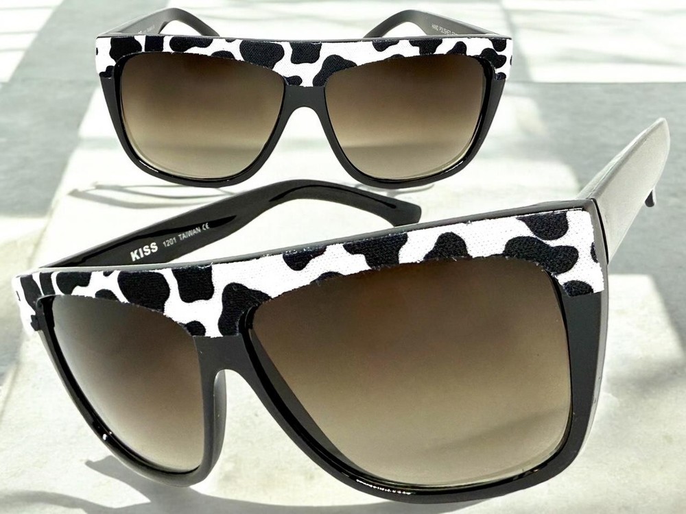 Oversized Classic Vintage Retro Style SUNGLASSES Large Black Frame Cow Pattern