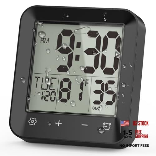 Waterproof Shower Clock Timer, Bathroom Clock with Countdown, Touch Black