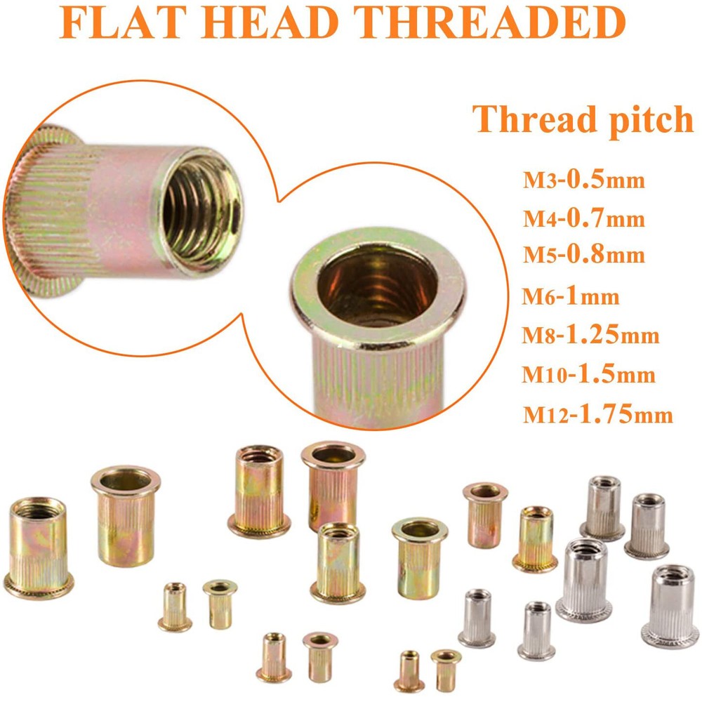 240pcs M4 M5 M6 M8 M10 Flat Head Threaded Binding Rivet Nut Insert Rivnut Kit