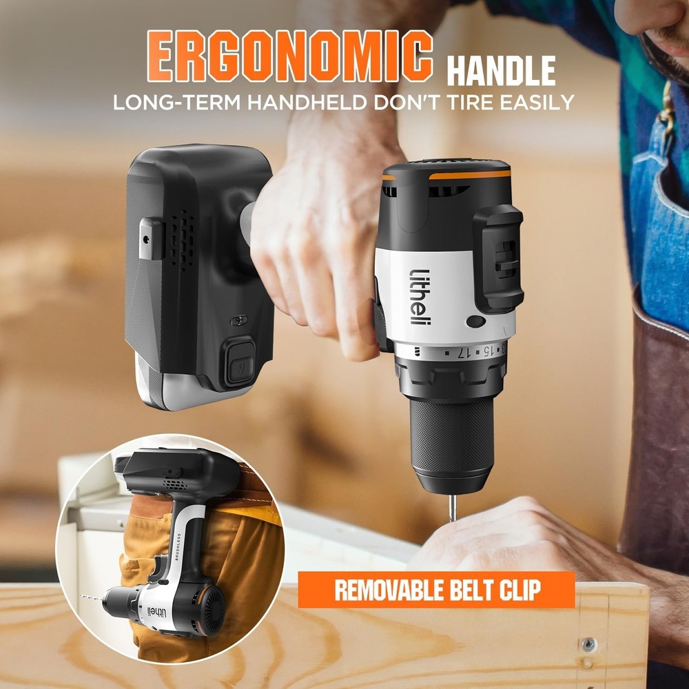 Litheli 20V Cordless Drill Driver, Brushless Power Drill with 2 Variable Spee...
