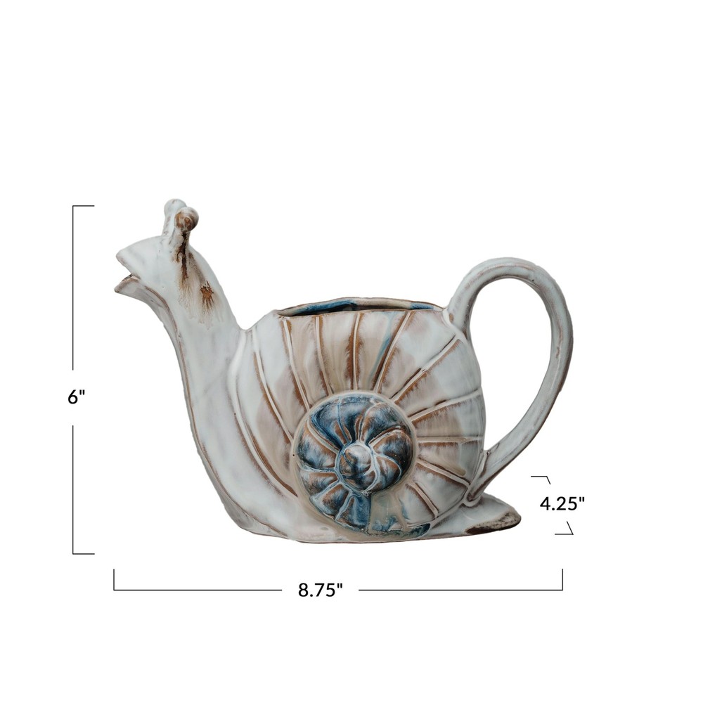 26-Ounce Snail Shaped Stoneware Watering Can, Multicolor