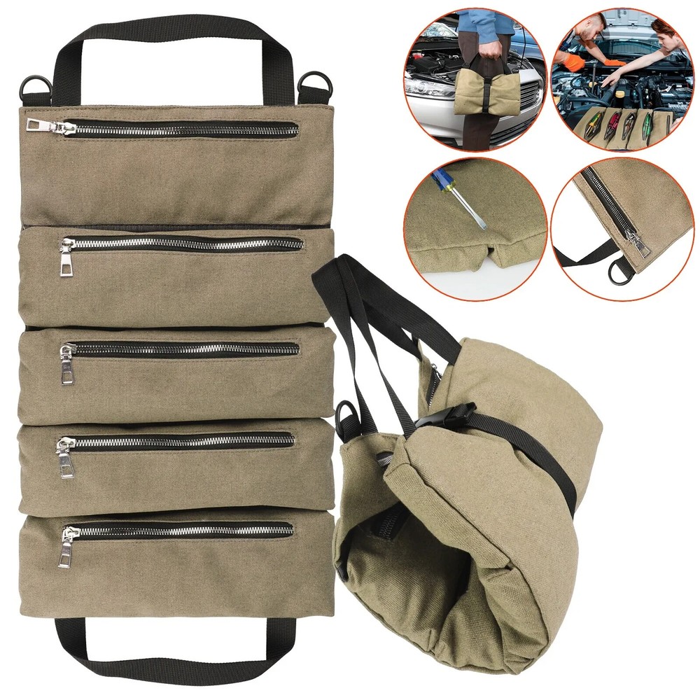 Khaki Car Backrest Canvas Tool Organizer Multi-Purpose Tool Roll Up Bag 5 Pocket