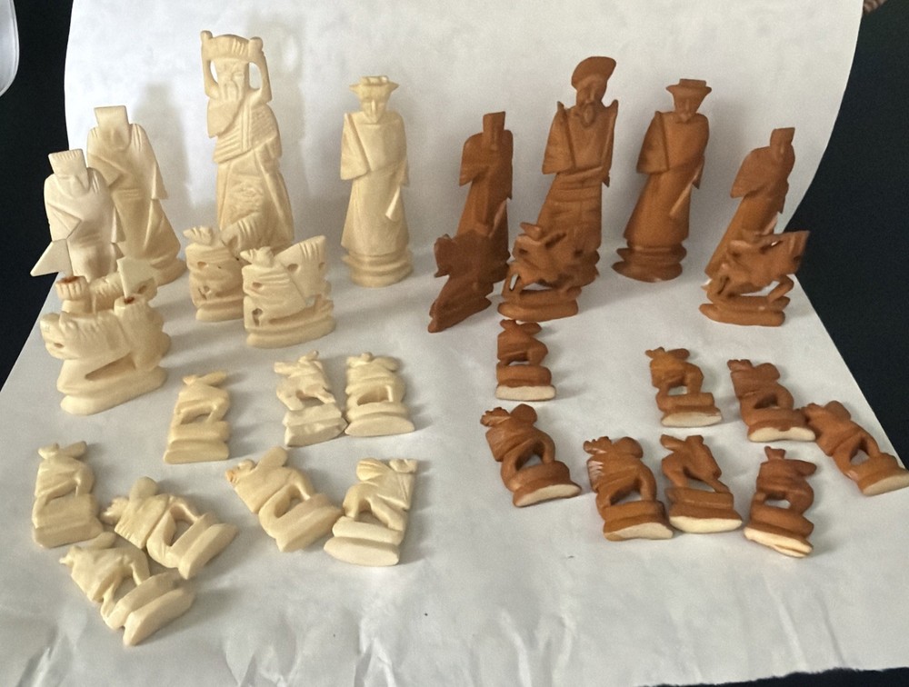 Vintage Asian Carved Bone Chess Set